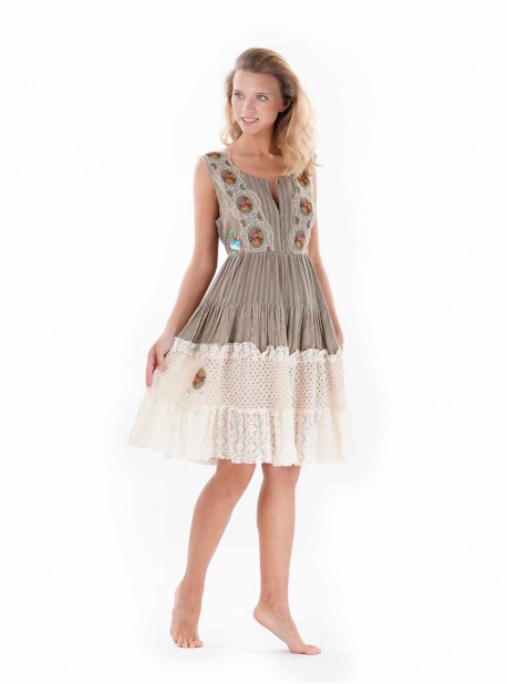 Robe brodée Kaki et Blanc - Desert Walk - Iconique	