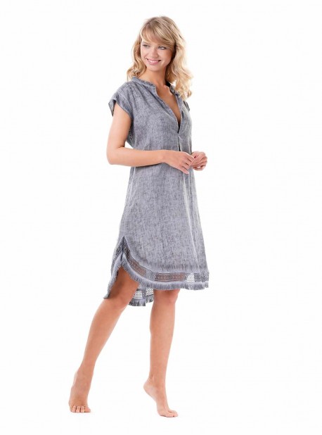 Robe mi-longue manches courtes col V Gris - Luxe Linen - Iconique