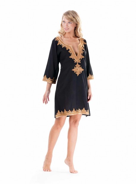 Kaftan court brodé Noire et Doré - Opulence - Iconique	