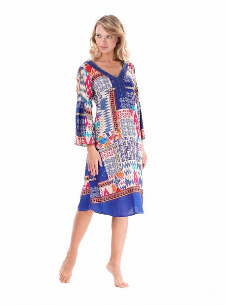 Robe mi-longue manches longues graphique Multicolore - Beach Tribe - Iconique