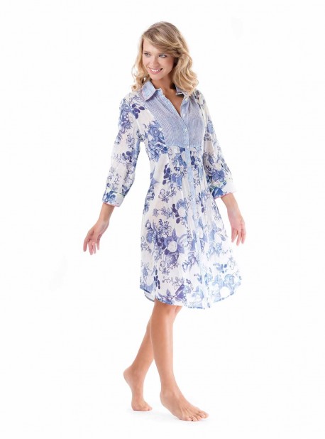 Robe chemise mi-longue à fleurs Bleu et Blanc - Sicily - Iconique