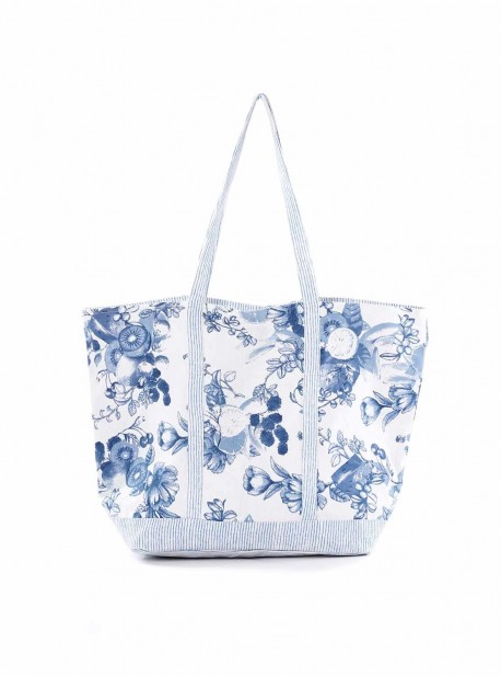 Sac de plage longues anses à fleurs Bleu et Blanc - Sicily - Iconique