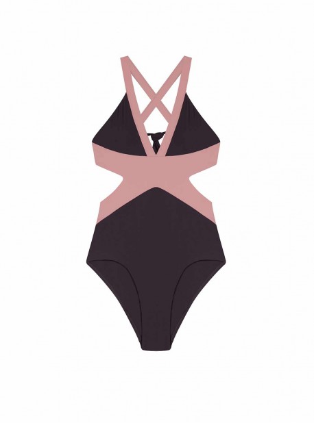 Maillot de bain 1 pièce Plongeant Riviera Selena Marron/Rose - PilyQ