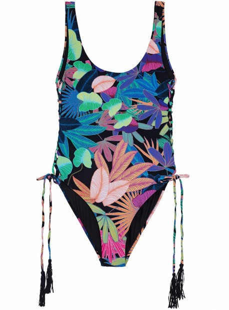 Maillot de bain 1 pièce Réversible Aralia Lola Lace Up Imprimés fleuris/Noir - PilyQ