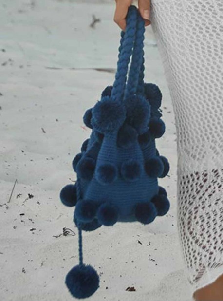 Sac de plage à Pompons Poseidon Bleu - PilyQ