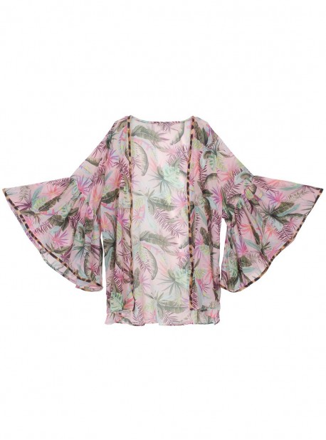 Kimono de Plage Bahamas Fleuris Rose et Vert - PilyQ